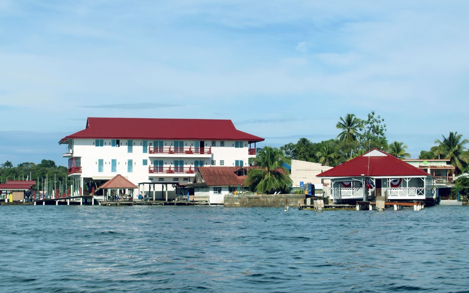 Waterfront hotels on stilts along the Bocas Town shoreline